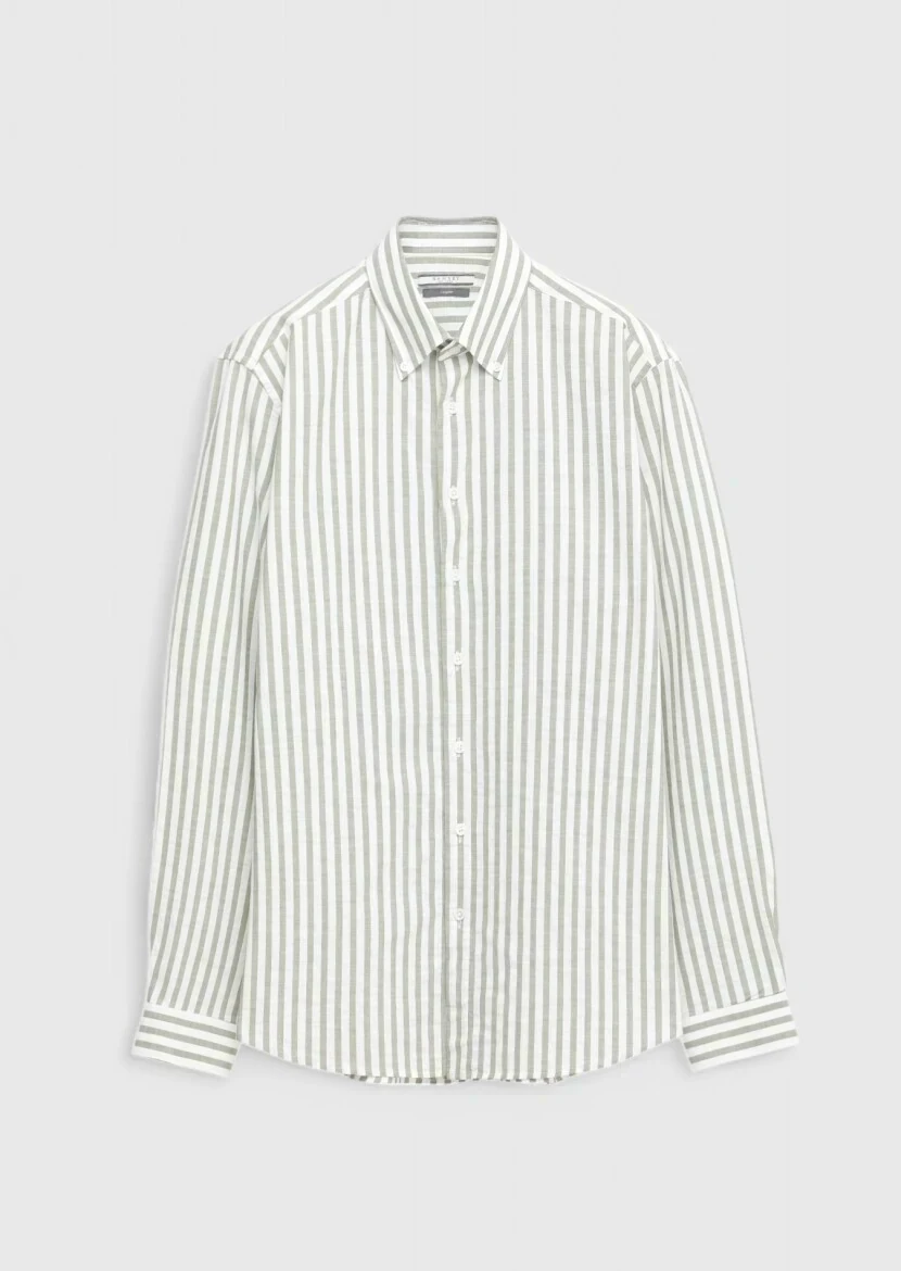 Açık Yeşil Çizgili Casual Fit Dokuma Casual %100 Pamuk Gömlek - 6