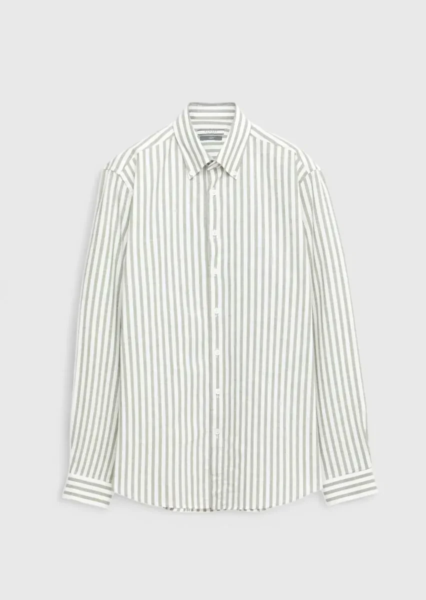 Açık Yeşil Çizgili Casual Fit Dokuma Casual %100 Pamuk Gömlek - 6