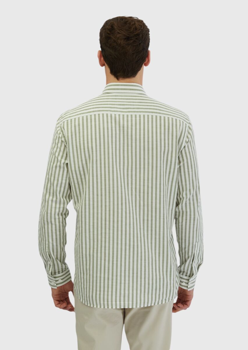 Açık Yeşil Çizgili Casual Fit Dokuma Casual %100 Pamuk Gömlek - 3