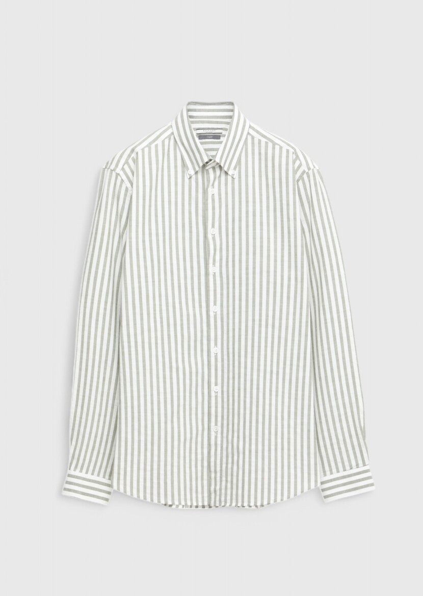 Açık Yeşil Çizgili Casual Fit Dokuma Casual %100 Pamuk Gömlek - 6