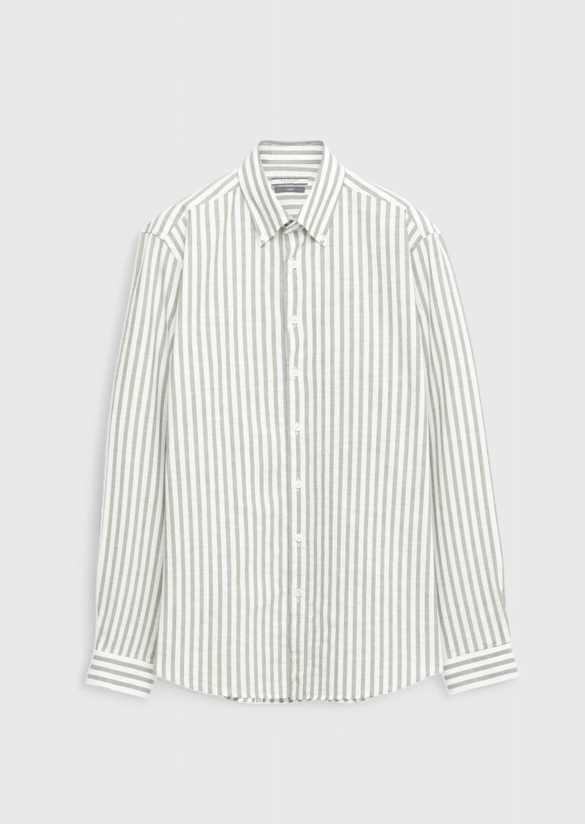 Açık Yeşil Çizgili Casual Fit Dokuma Casual %100 Pamuk Gömlek - 6