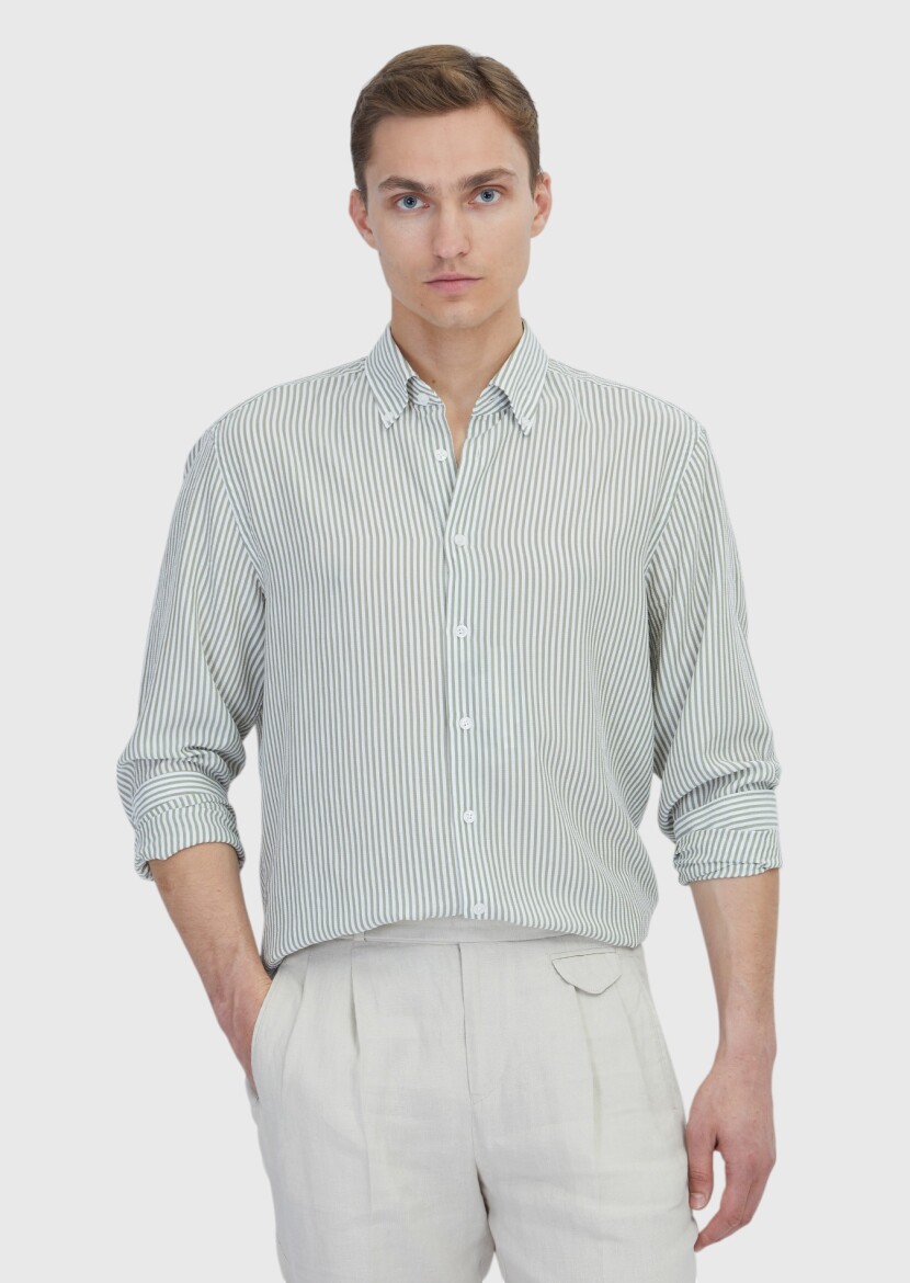 Açık Yeşil Çizgili Casual Fit Dokuma Casual Gömlek - RAMSEY