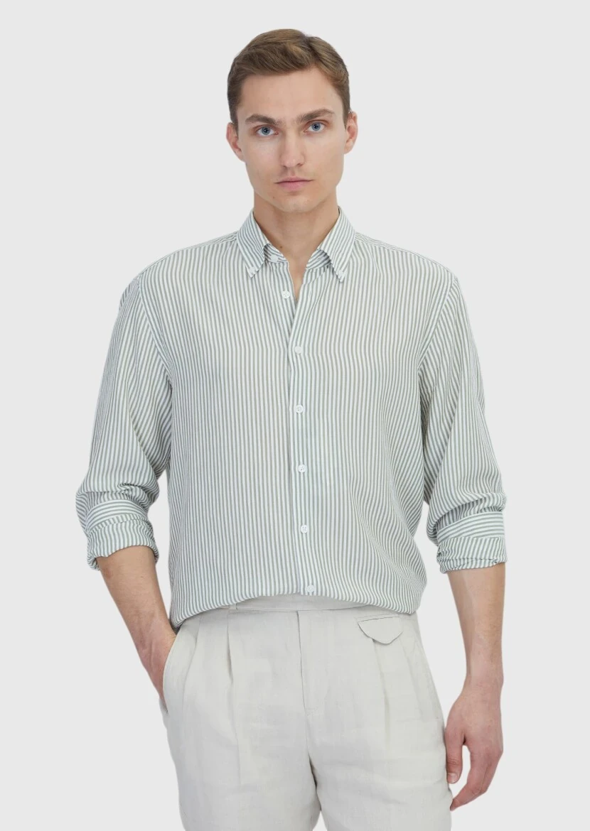 Açık Yeşil Çizgili Casual Fit Dokuma Casual Gömlek - 1