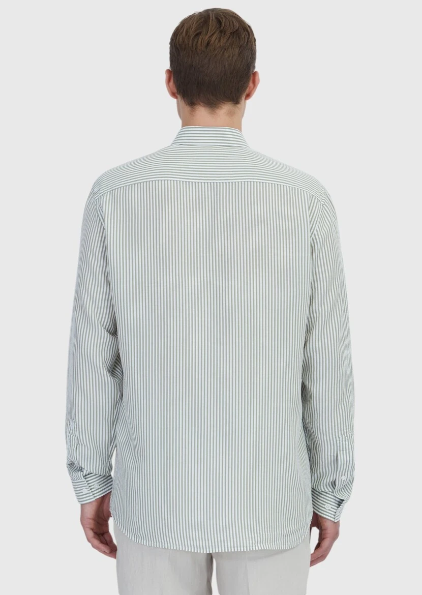 Açık Yeşil Çizgili Casual Fit Dokuma Casual Gömlek - 5