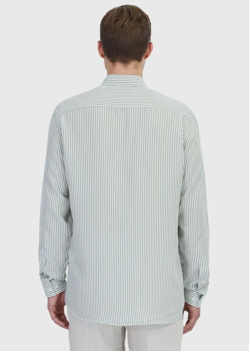 Açık Yeşil Çizgili Casual Fit Dokuma Casual Gömlek - 5
