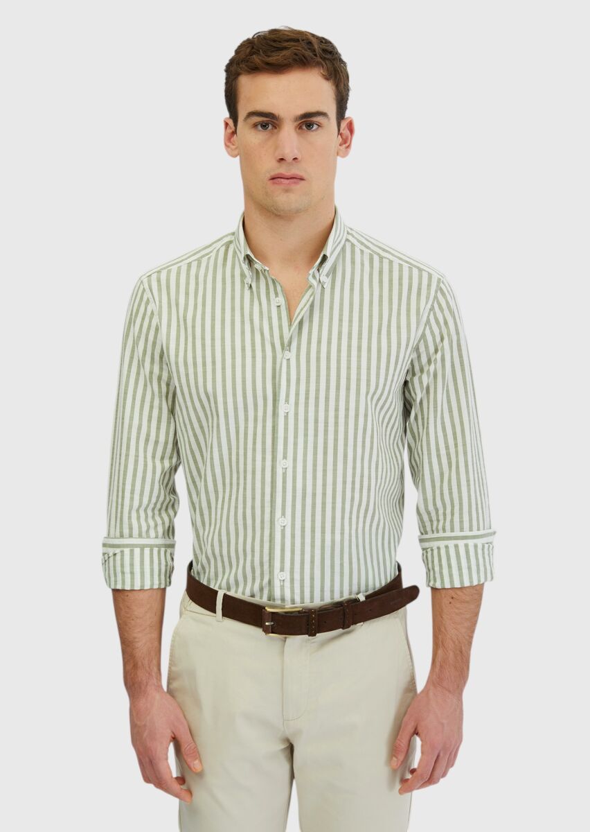 Açık Yeşil Çizgili Casual Fit Uzun Dokuma Casual %100 Pamuk Gömlek - 1