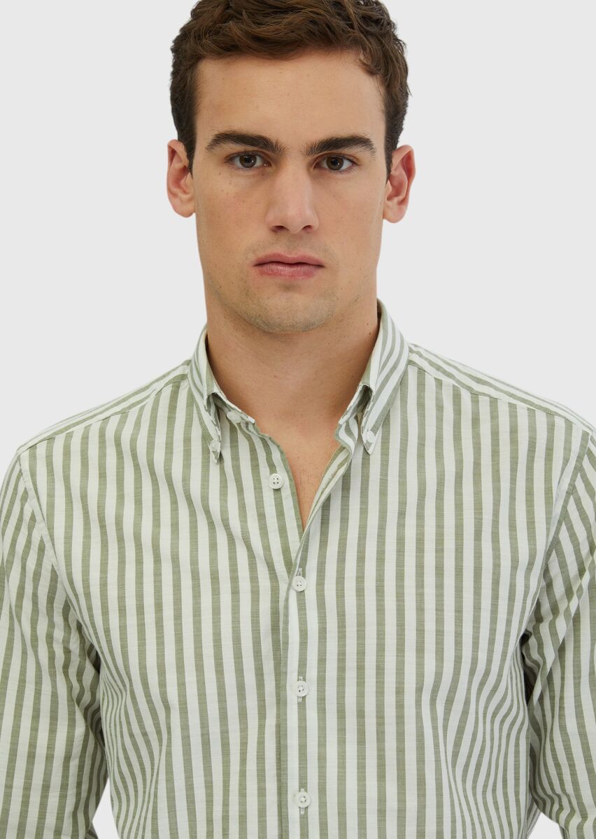 Açık Yeşil Çizgili Casual Fit Uzun Dokuma Casual %100 Pamuk Gömlek - 4