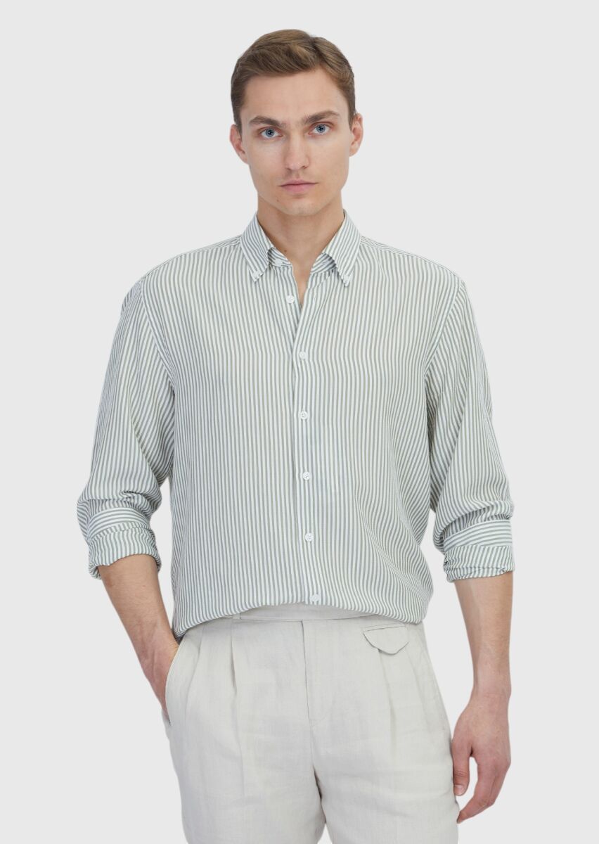 Açık Yeşil Çizgili Casual Fit Uzun Dokuma Casual Gömlek - 1
