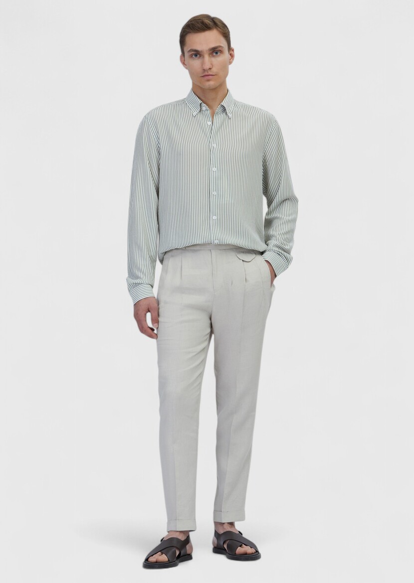 Açık Yeşil Çizgili Casual Fit Uzun Dokuma Casual Gömlek - 2