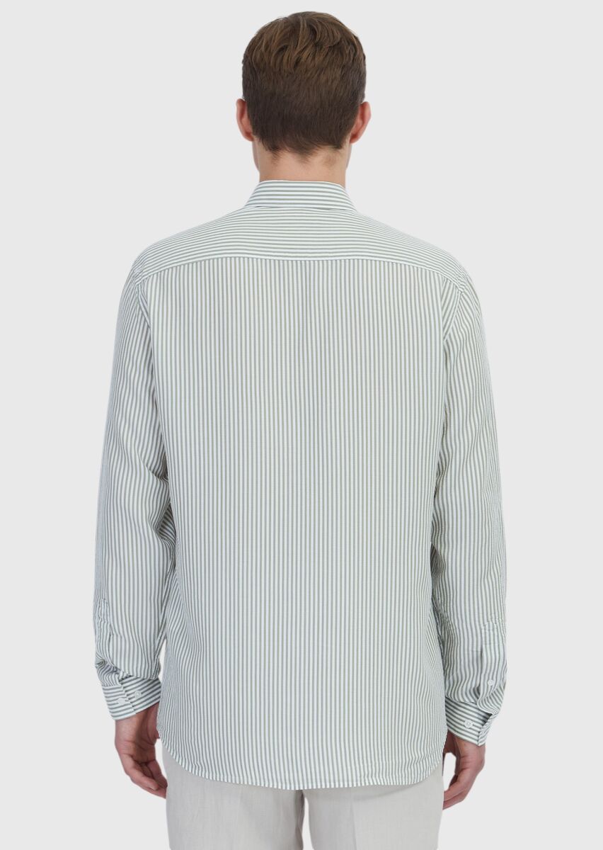 Açık Yeşil Çizgili Casual Fit Uzun Dokuma Casual Gömlek - 5