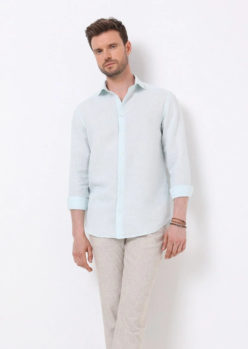 Açık Yeşil Çizgili Regular Fit Dokuma Casual Pamuk Karışımlı Gömlek 