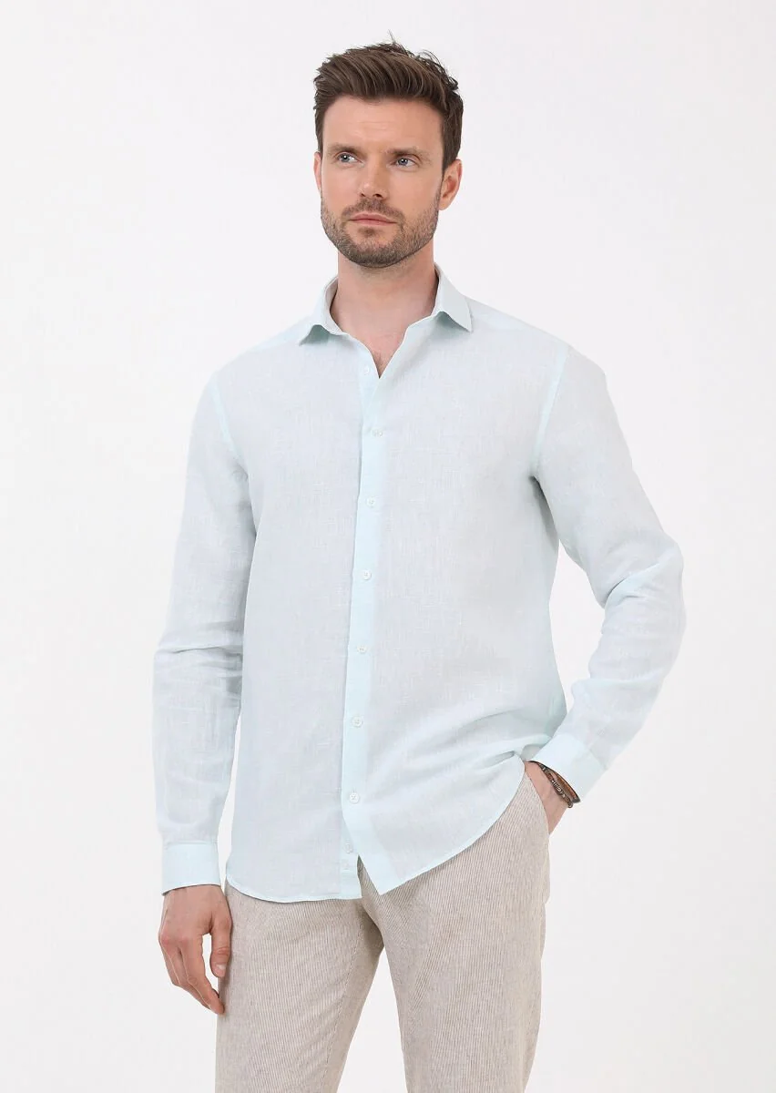 Açık Yeşil Çizgili Regular Fit Dokuma Casual Pamuk Karışımlı Gömlek - 4
