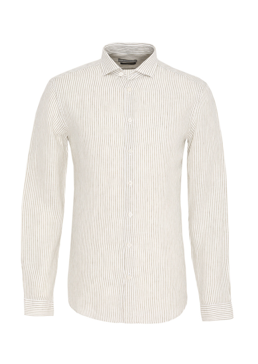 Açık Yeşil Çizgili Regular Fit Uzun Dokuma Casual %100 Keten Gömlek - 1