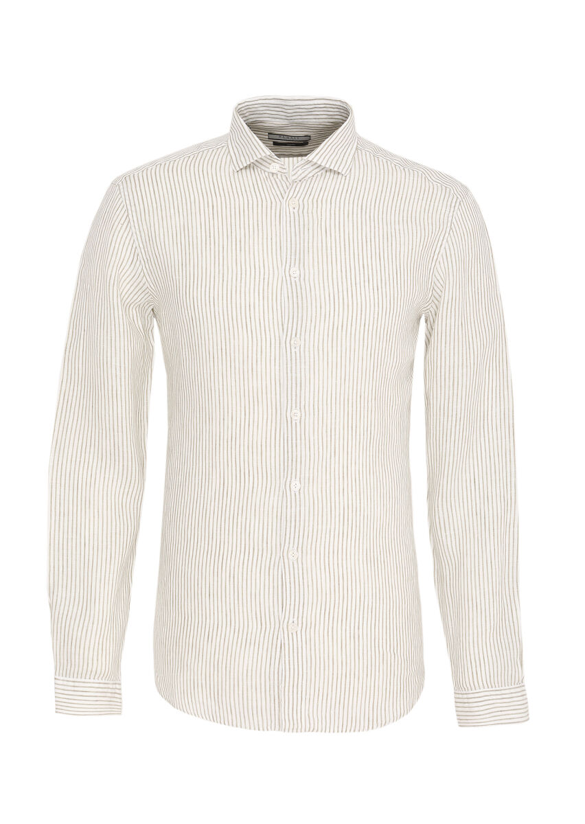 Açık Yeşil Çizgili Regular Fit Uzun Dokuma Casual %100 Keten Gömlek - 1