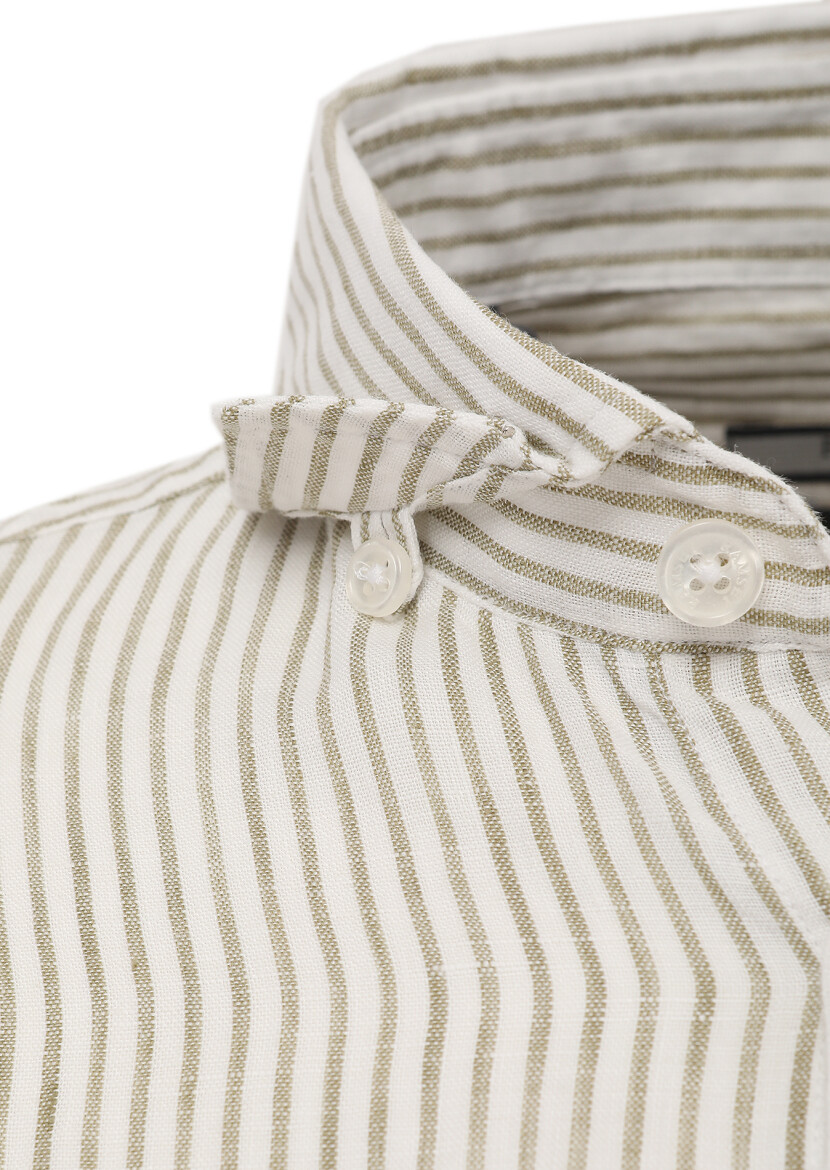 Açık Yeşil Çizgili Regular Fit Uzun Dokuma Casual %100 Keten Gömlek - 3