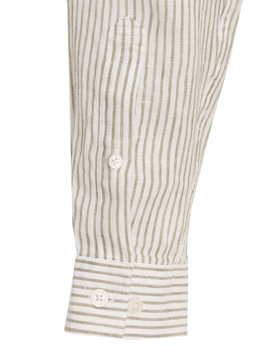 Açık Yeşil Çizgili Regular Fit Uzun Dokuma Casual %100 Keten Gömlek - 4