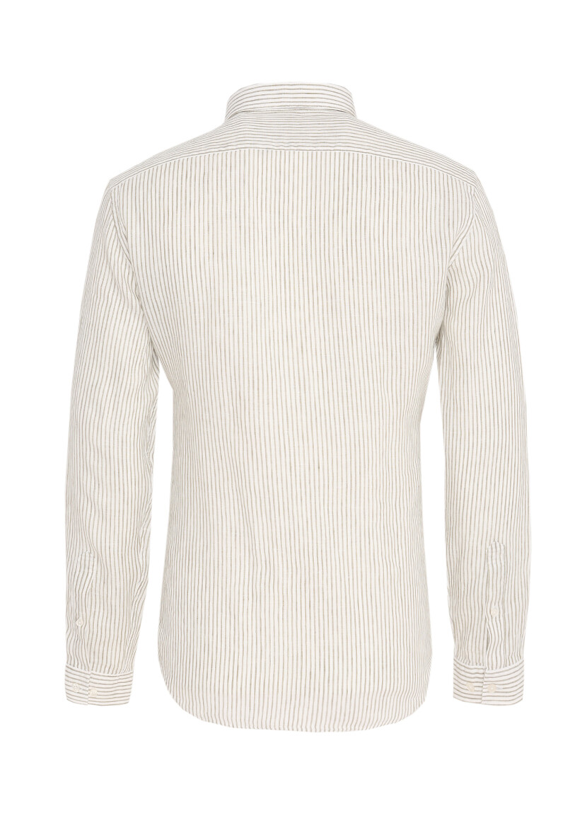 Açık Yeşil Çizgili Regular Fit Uzun Dokuma Casual %100 Keten Gömlek - 6