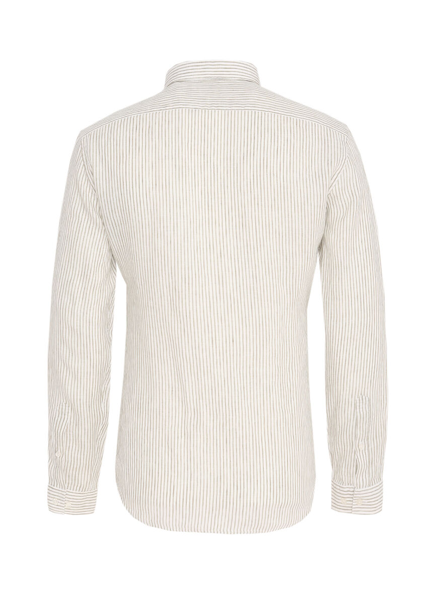 Açık Yeşil Çizgili Regular Fit Uzun Dokuma Casual %100 Keten Gömlek - 6