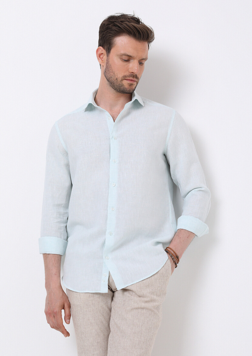 Açık Yeşil Çizgili Regular Fit Uzun Dokuma Casual Pamuk Karışımlı Gömlek - 1