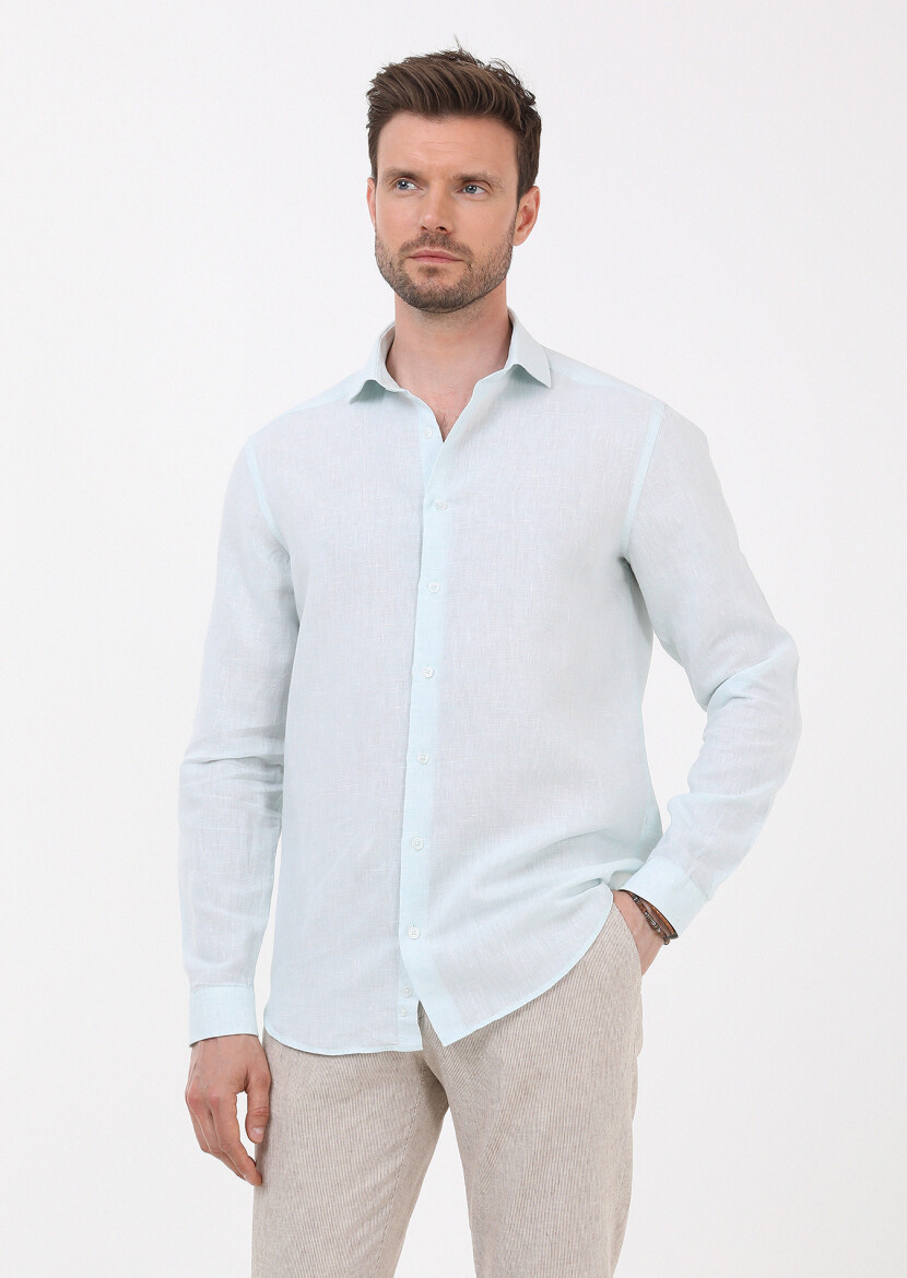 Açık Yeşil Çizgili Regular Fit Uzun Dokuma Casual Pamuk Karışımlı Gömlek - 3