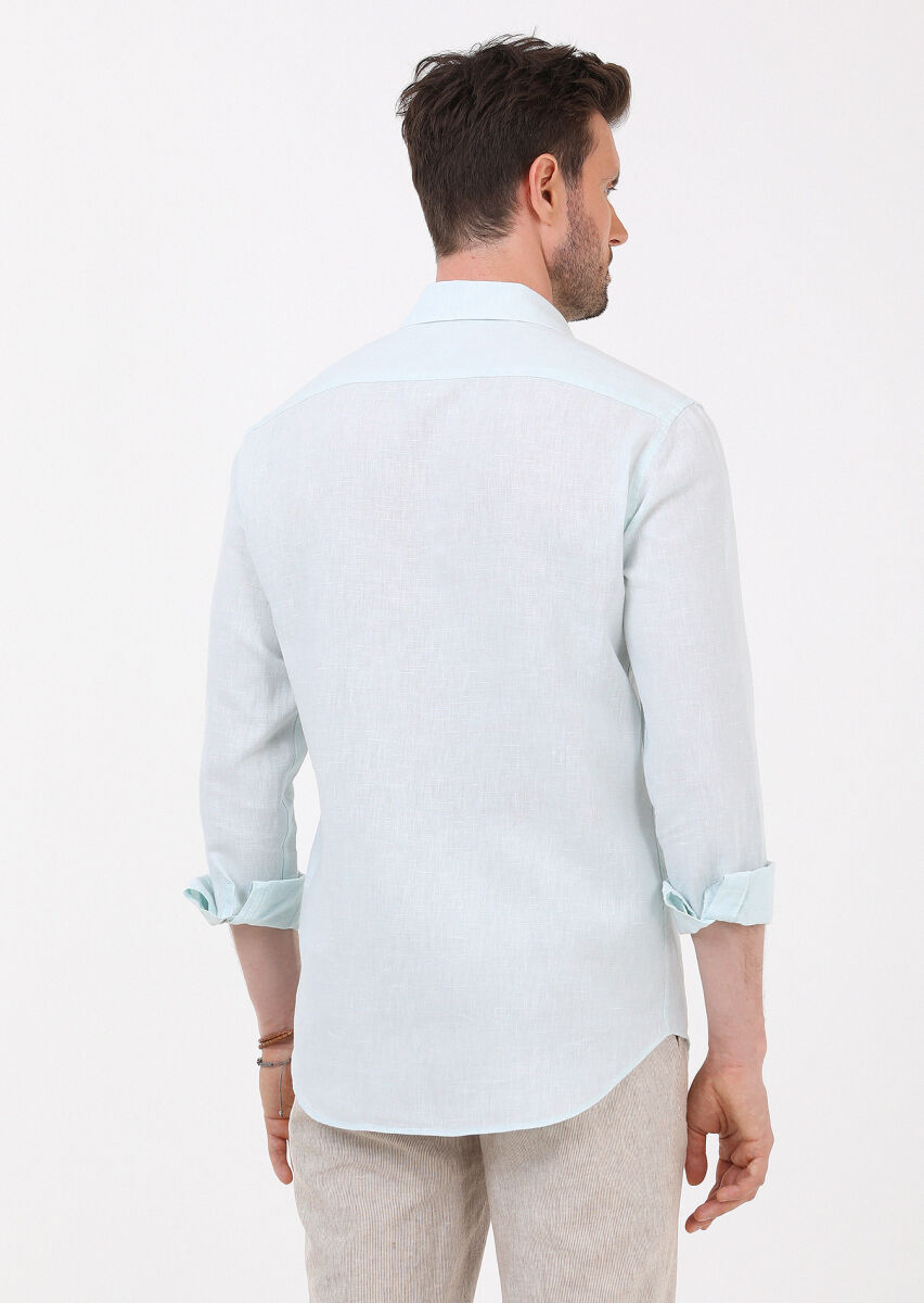 Açık Yeşil Çizgili Regular Fit Uzun Dokuma Casual Pamuk Karışımlı Gömlek - 4