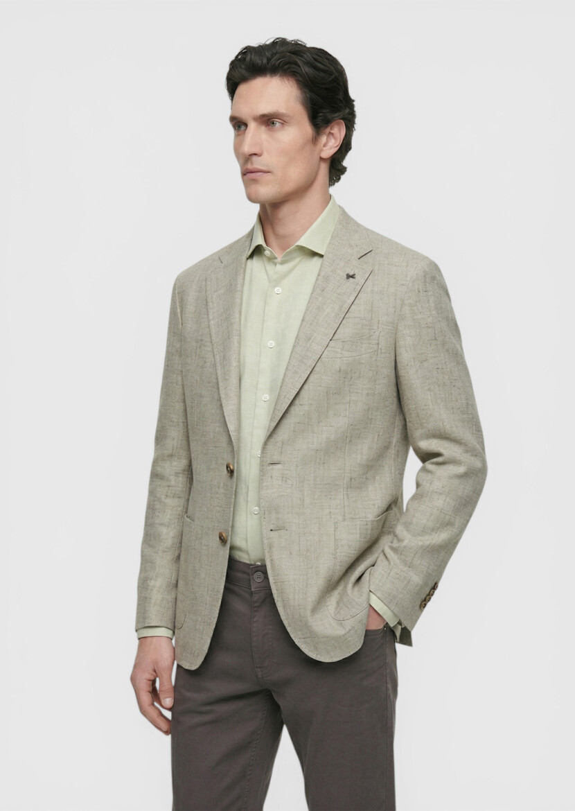 Açık Yeşil Desenli Shirt Shoulder Slim Fit Pamuk Karışımlı Ceket - 4