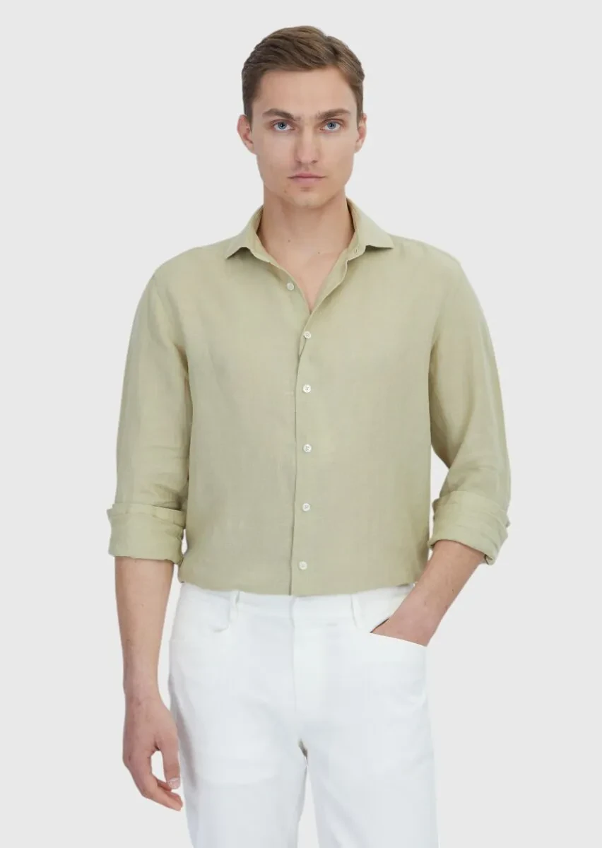 Açık Yeşil Düz Casual Fit Dokuma Casual %100 Keten Gömlek - 1