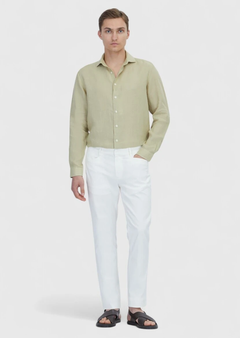 Açık Yeşil Düz Casual Fit Dokuma Casual %100 Keten Gömlek 