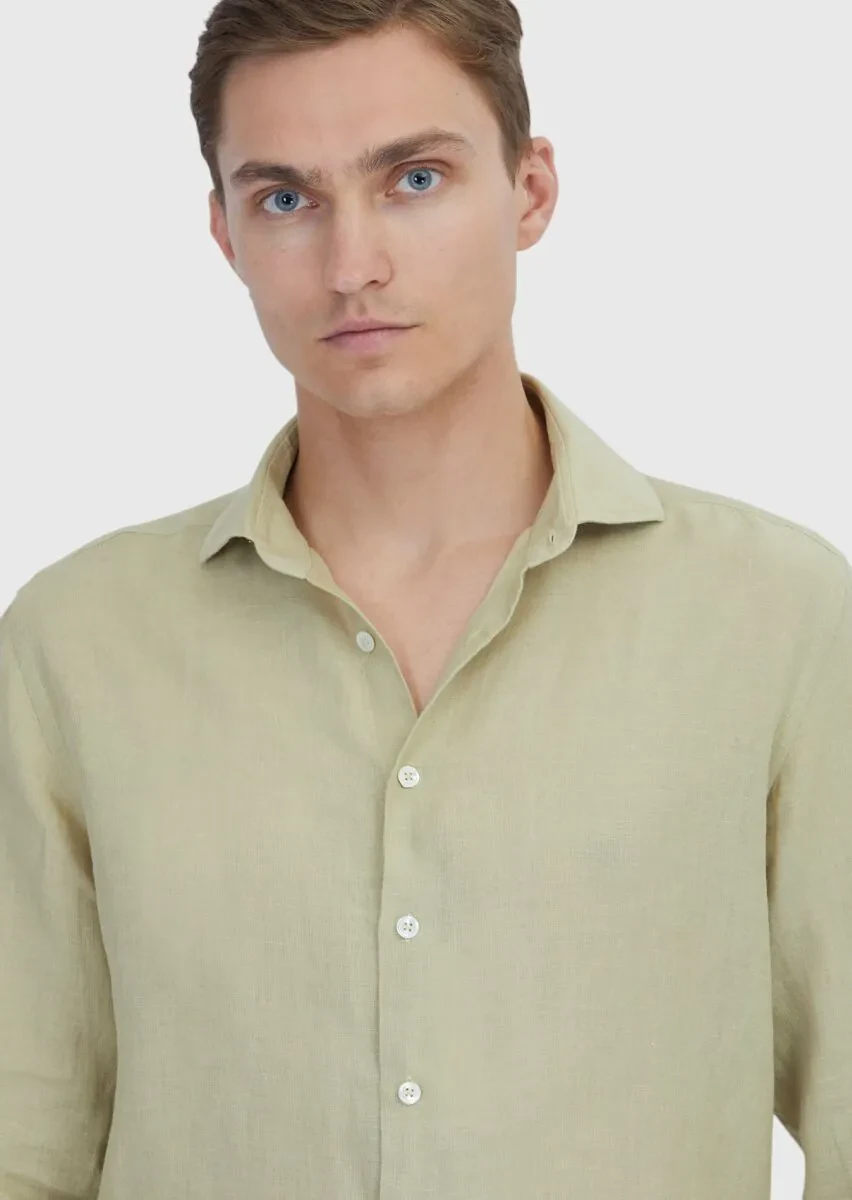 Açık Yeşil Düz Casual Fit Dokuma Casual %100 Keten Gömlek - 4