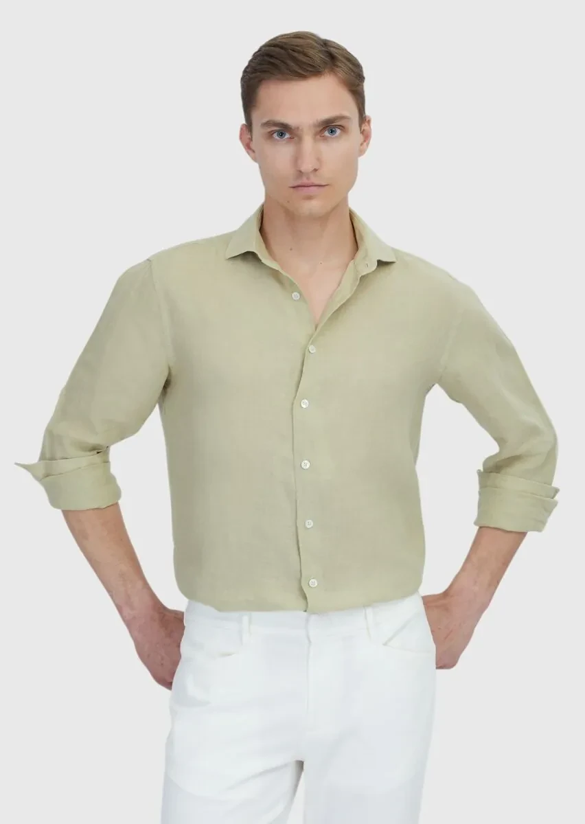 Açık Yeşil Düz Casual Fit Dokuma Casual %100 Keten Gömlek - 5