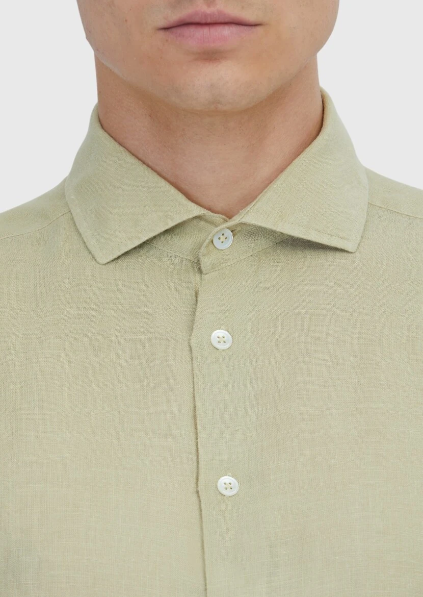 Açık Yeşil Düz Casual Fit Dokuma Casual %100 Keten Gömlek - 6