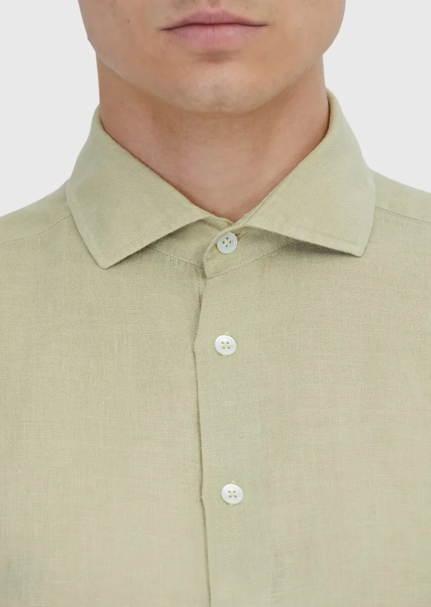 Açık Yeşil Düz Casual Fit Dokuma Casual %100 Keten Gömlek - 6