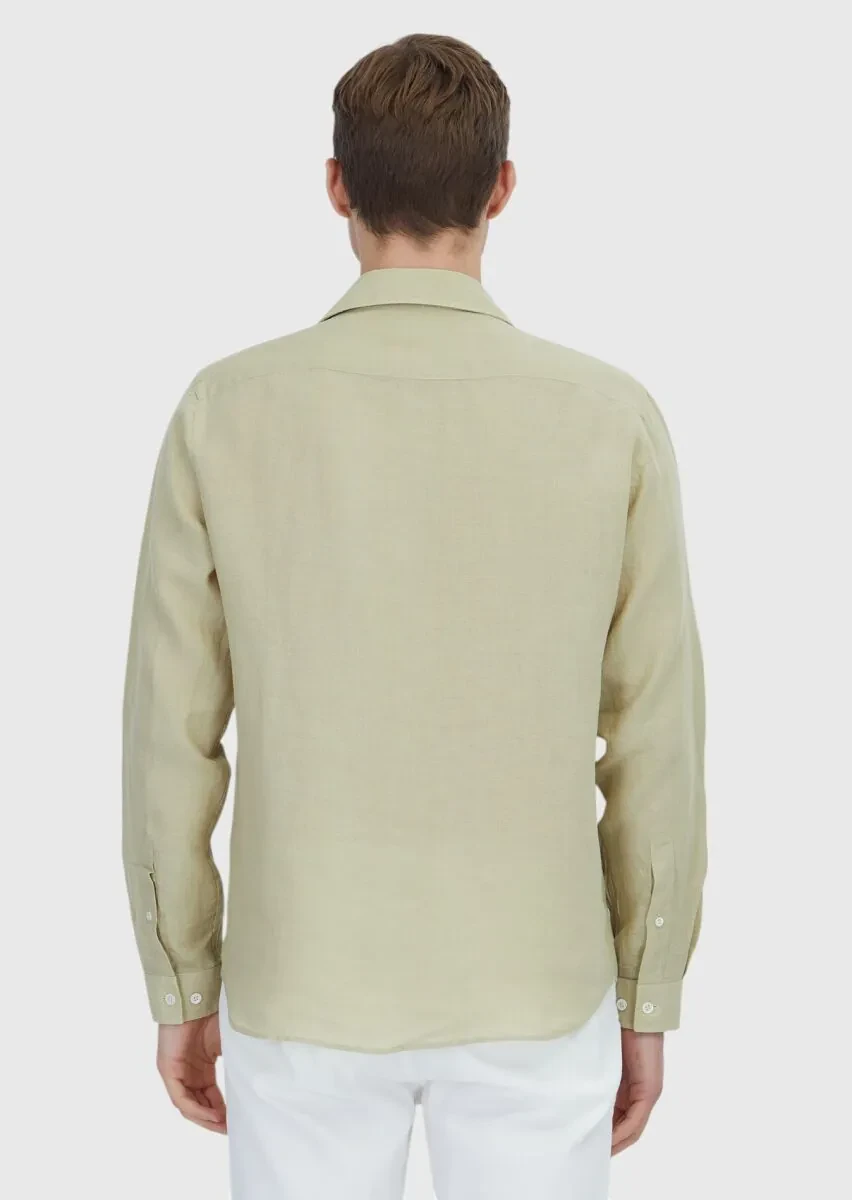 Açık Yeşil Düz Casual Fit Dokuma Casual %100 Keten Gömlek - 7