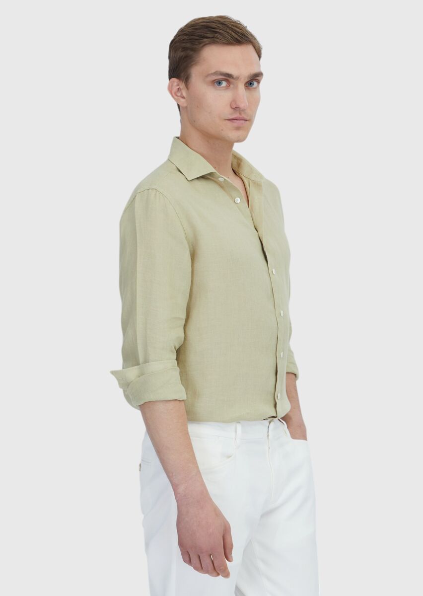 Açık Yeşil Düz Casual Fit Uzun Dokuma Casual %100 Keten Gömlek - 3
