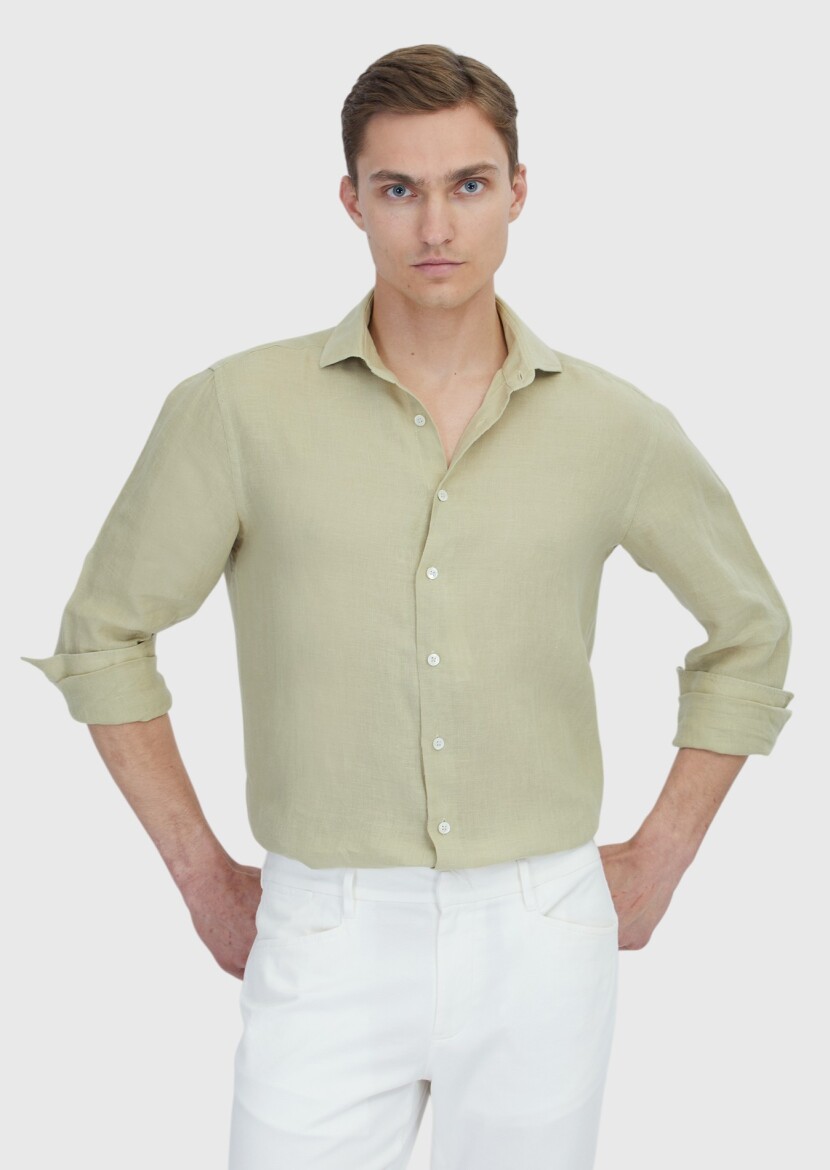 Açık Yeşil Düz Casual Fit Uzun Dokuma Casual %100 Keten Gömlek - 5