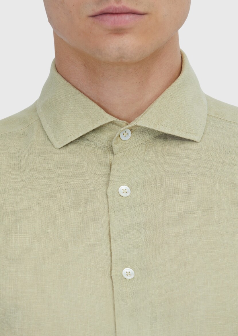 Açık Yeşil Düz Casual Fit Uzun Dokuma Casual %100 Keten Gömlek - 6