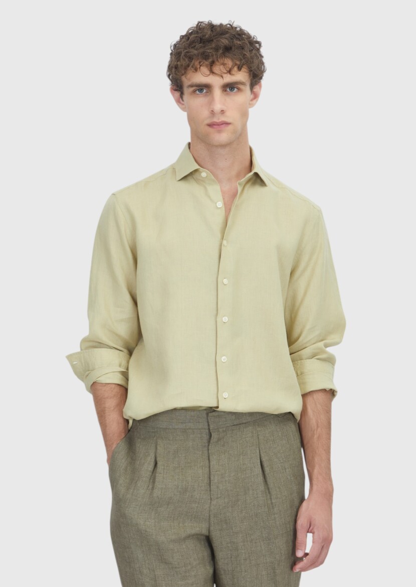 Açık Yeşil Düz Casual Fit Uzun Dokuma Casual %100 Keten Gömlek - 1