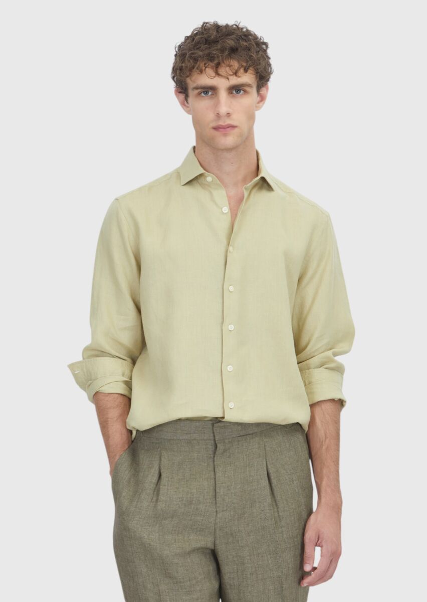 Açık Yeşil Düz Casual Fit Uzun Dokuma Casual %100 Keten Gömlek - 1