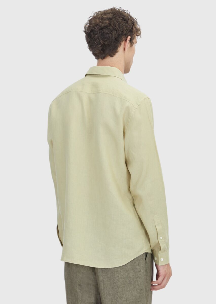 Açık Yeşil Düz Casual Fit Uzun Dokuma Casual %100 Keten Gömlek - 5