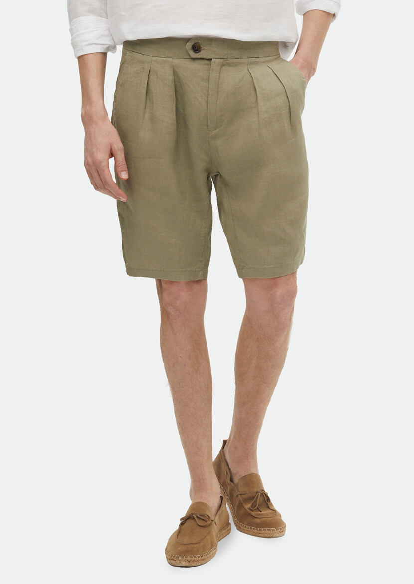 Açık Yeşil Düz Dokuma Carrot Fit Casual %100 Keten Bermuda 