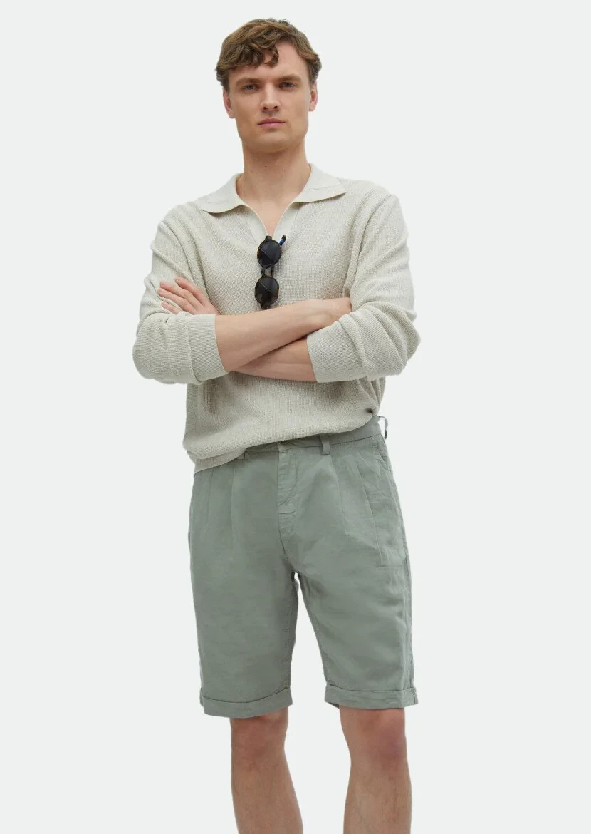 Açık Yeşil Düz Dokuma Carrot Fit Casual %100 Pamuk Bermuda 