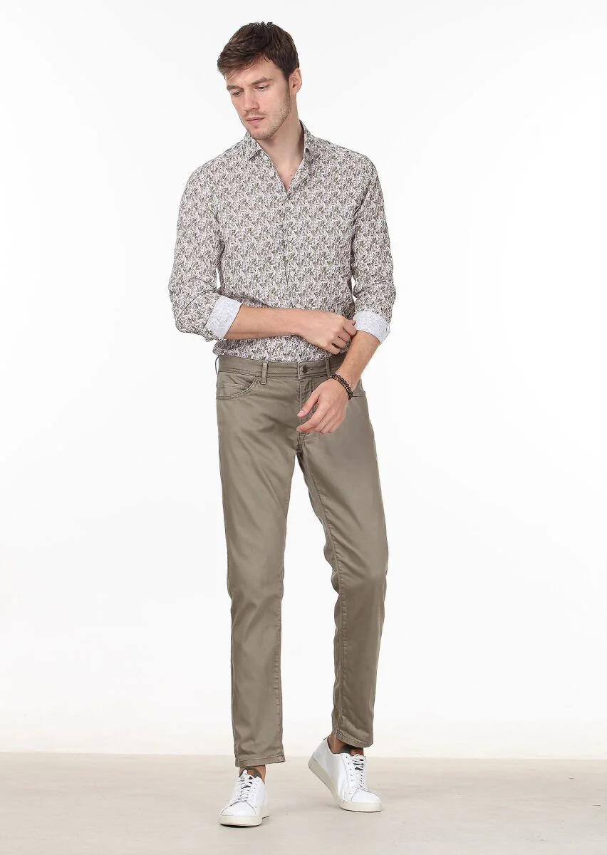 Açık Yeşil Düz Dokuma Slim Fit Casual Pamuk Karışımlı Pantolon - 1
