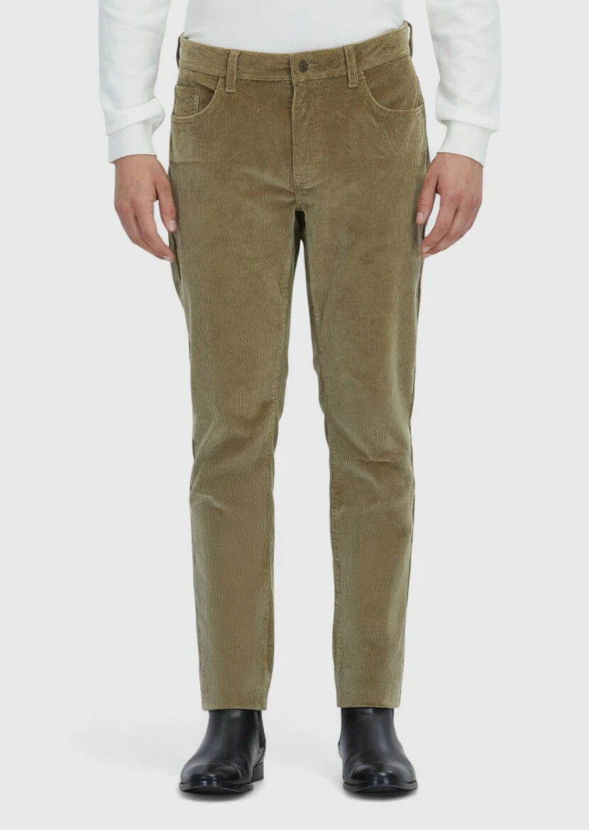 Açık Yeşil Düz Dokuma Slim Fit Kadife Casual Pamuk Karışımlı Pantolon - 2