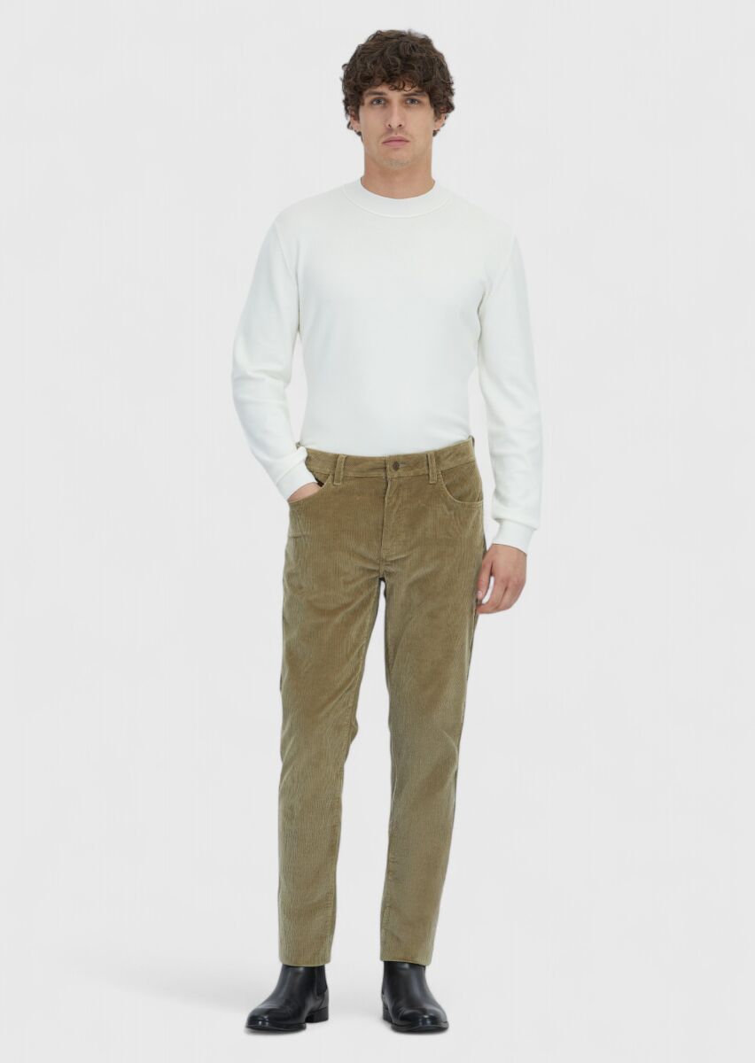 Açık Yeşil Düz Dokuma Slim Fit Kadife Casual Pamuk Karışımlı Pantolon - 1