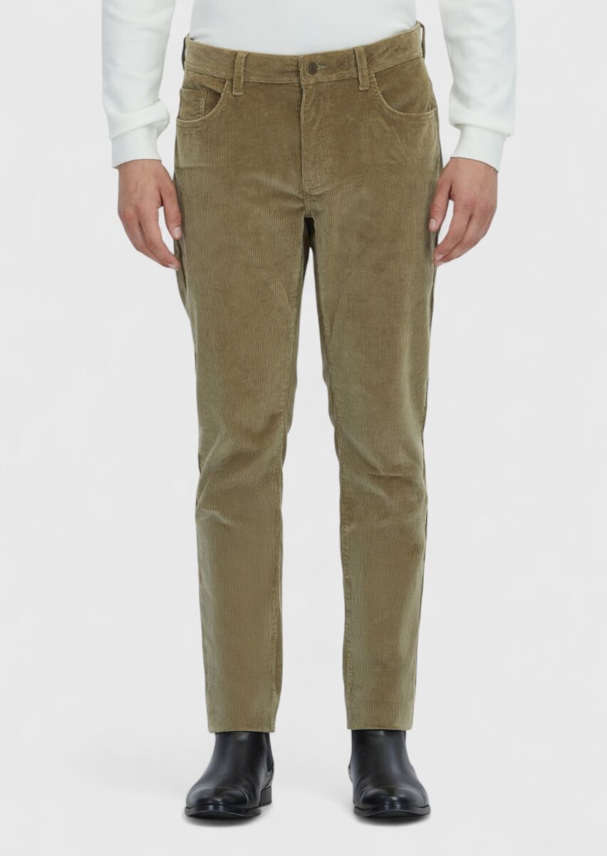 Açık Yeşil Düz Dokuma Slim Fit Kadife Casual Pamuk Karışımlı Pantolon - 2