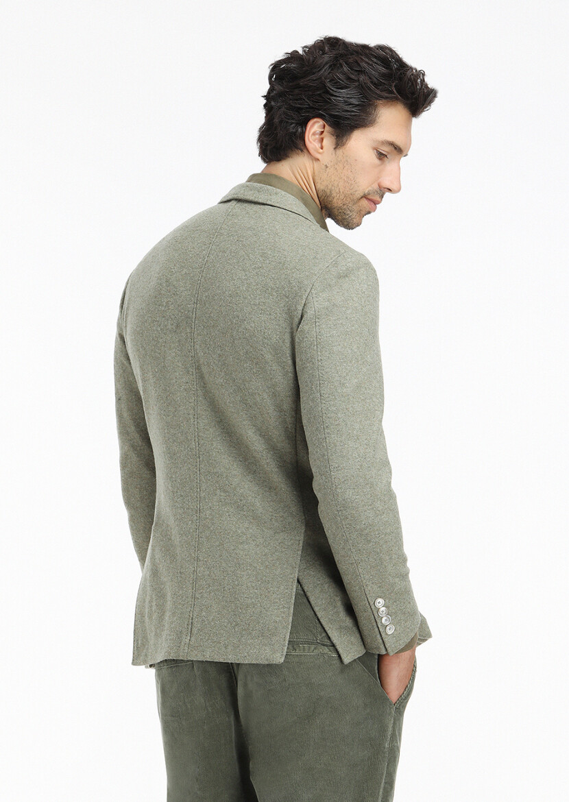 Açık Yeşil Düz Shirt Shoulder Slim Fit Yün Karışımlı Örme Ceket - 6