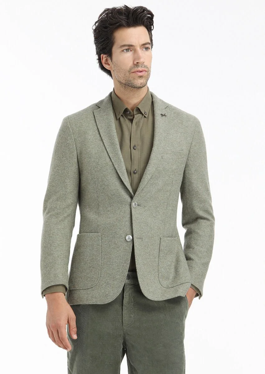 Açık Yeşil Düz Shirt Shoulder Slim Fit Yün Karışımlı Örme Ceket - 2