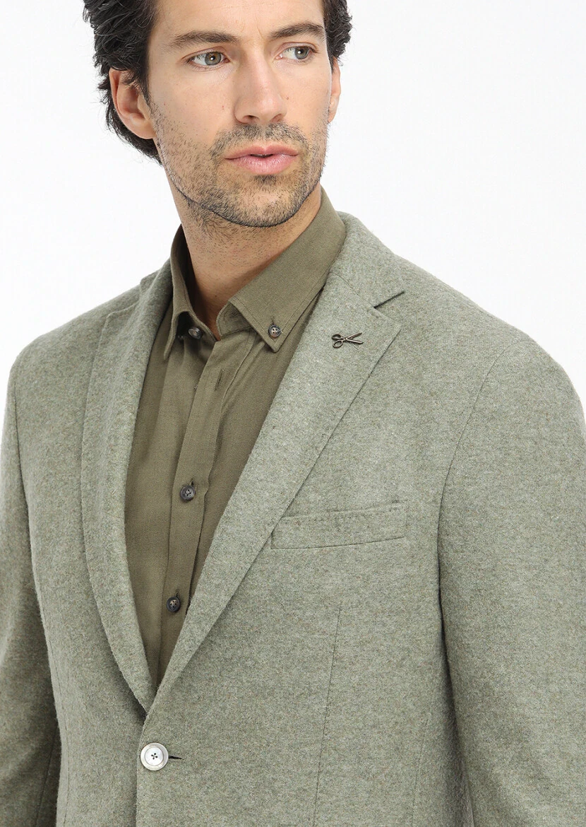 Açık Yeşil Düz Shirt Shoulder Slim Fit Yün Karışımlı Örme Ceket - 3