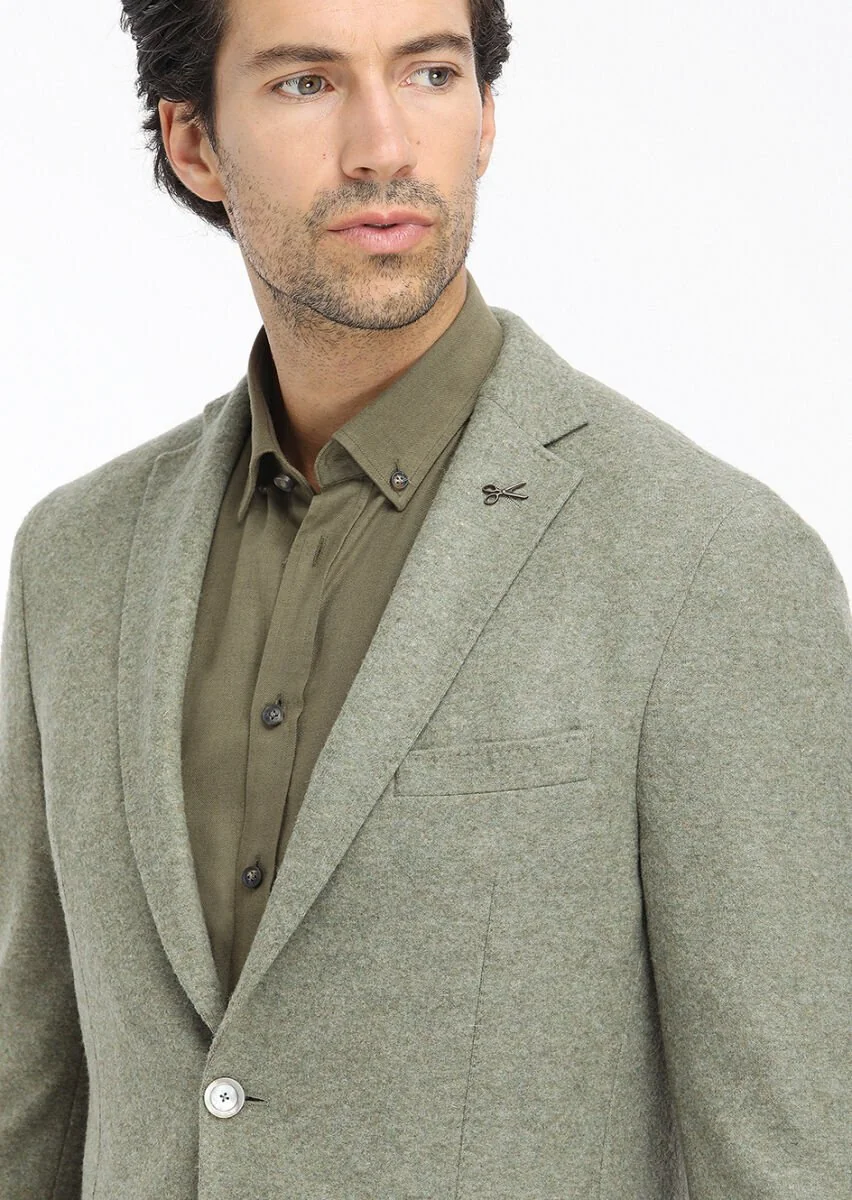 Açık Yeşil Düz Shirt Shoulder Slim Fit Yün Karışımlı Örme Ceket - 3