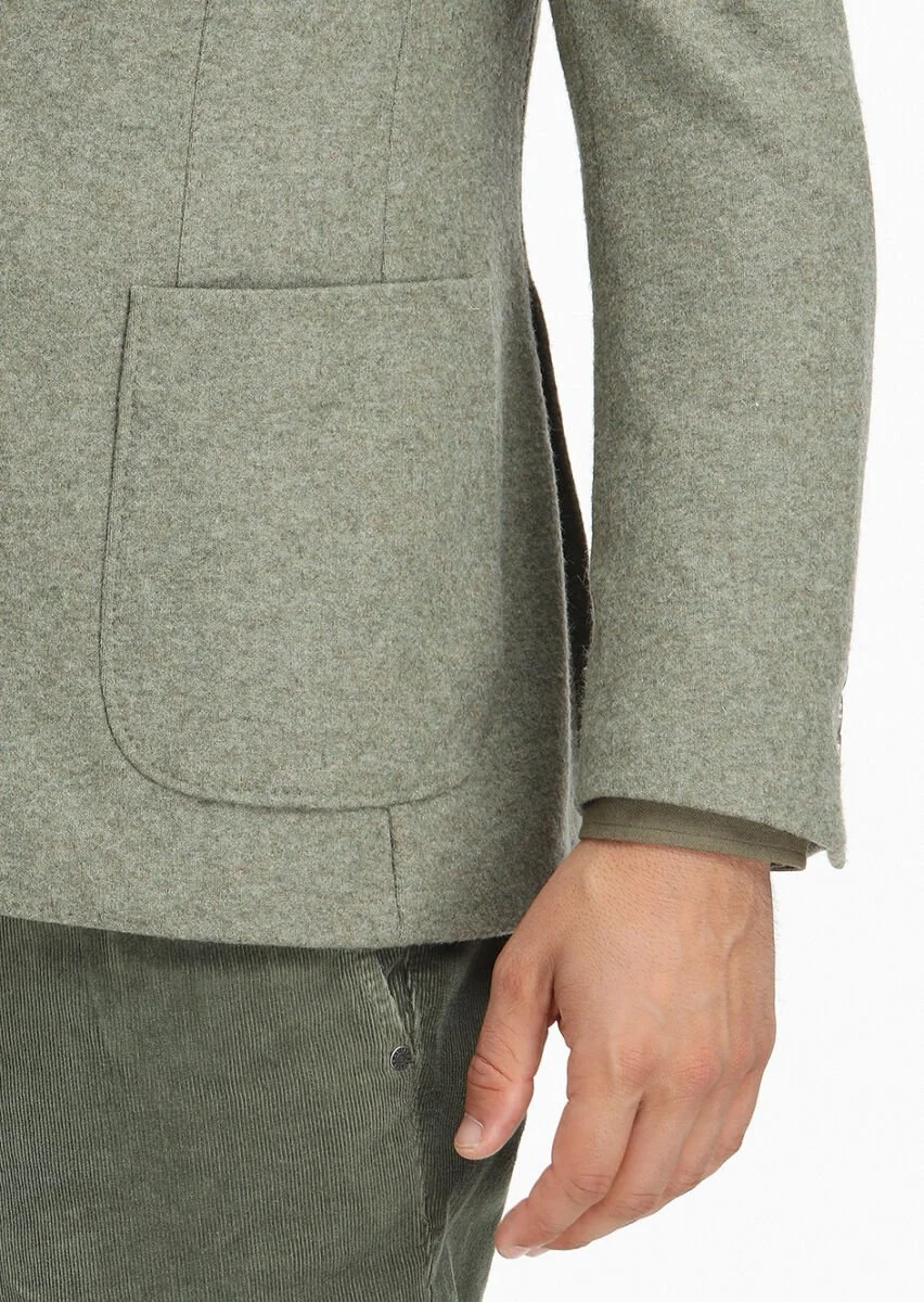 Açık Yeşil Düz Shirt Shoulder Slim Fit Yün Karışımlı Örme Ceket - 5